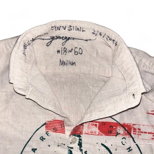 medium 1of1 linen prison shirt with my psychward band #18 out of 60