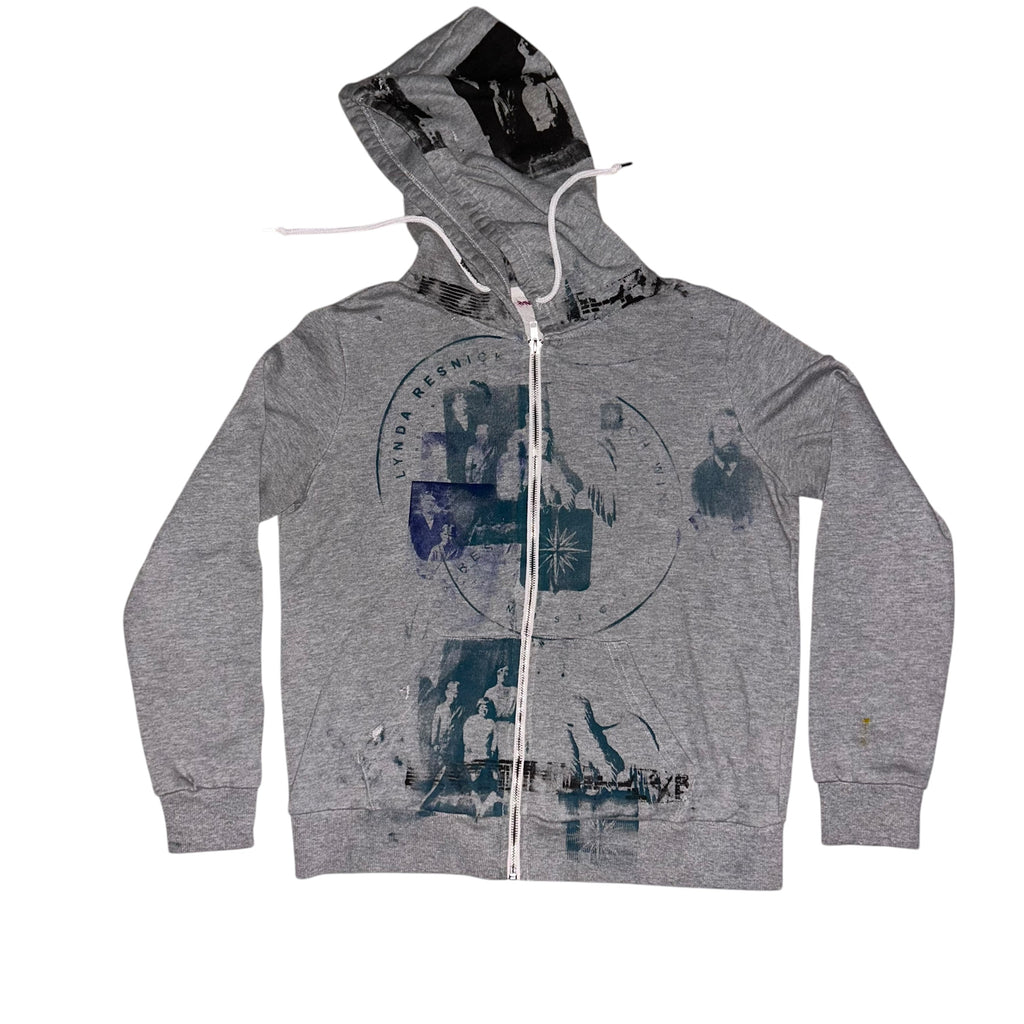 mens: small/ womens: large.  front & back print collage 1of1 zip hoodie #52/60