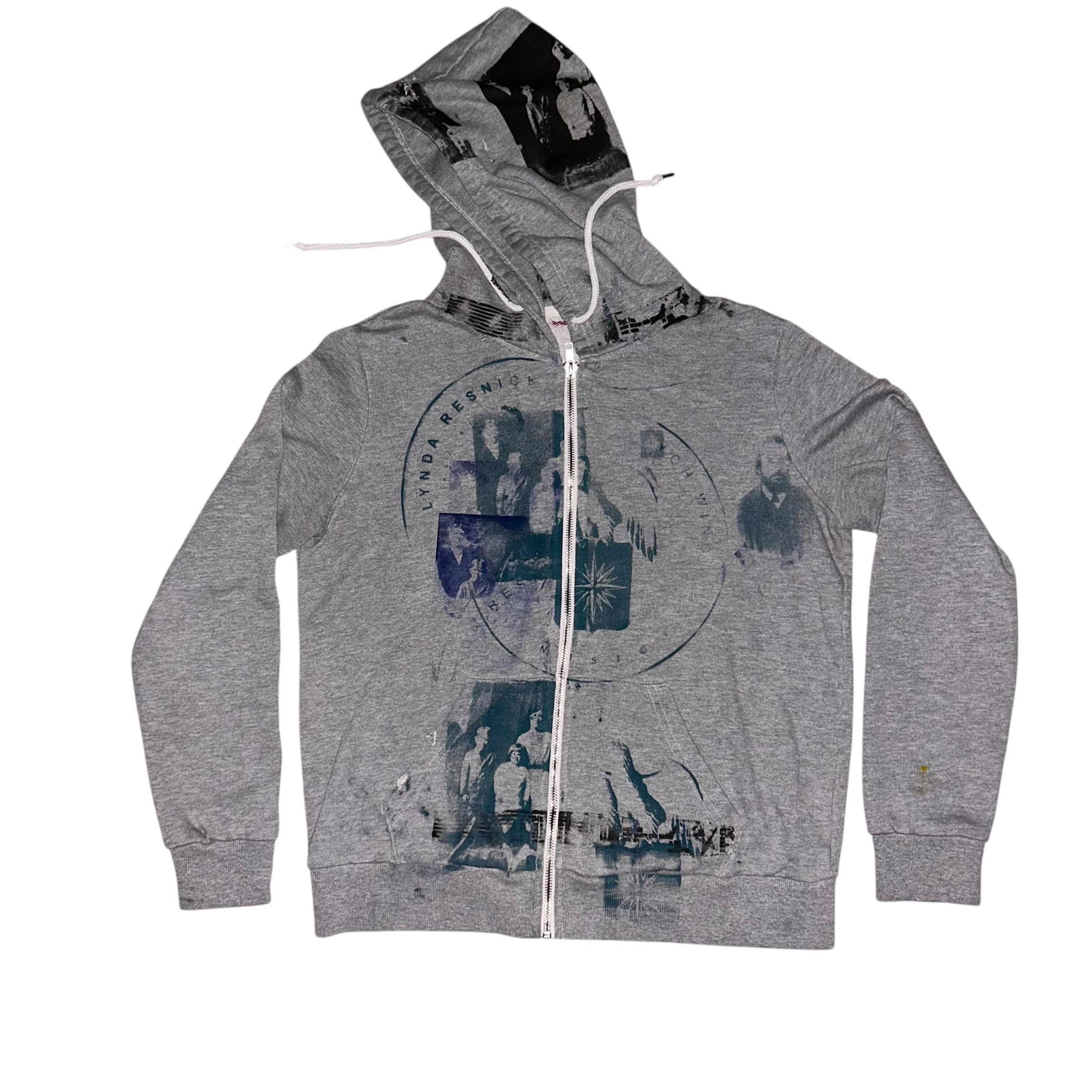 mens: small/ womens: large.  front & back print collage 1of1 zip hoodie #52/60
