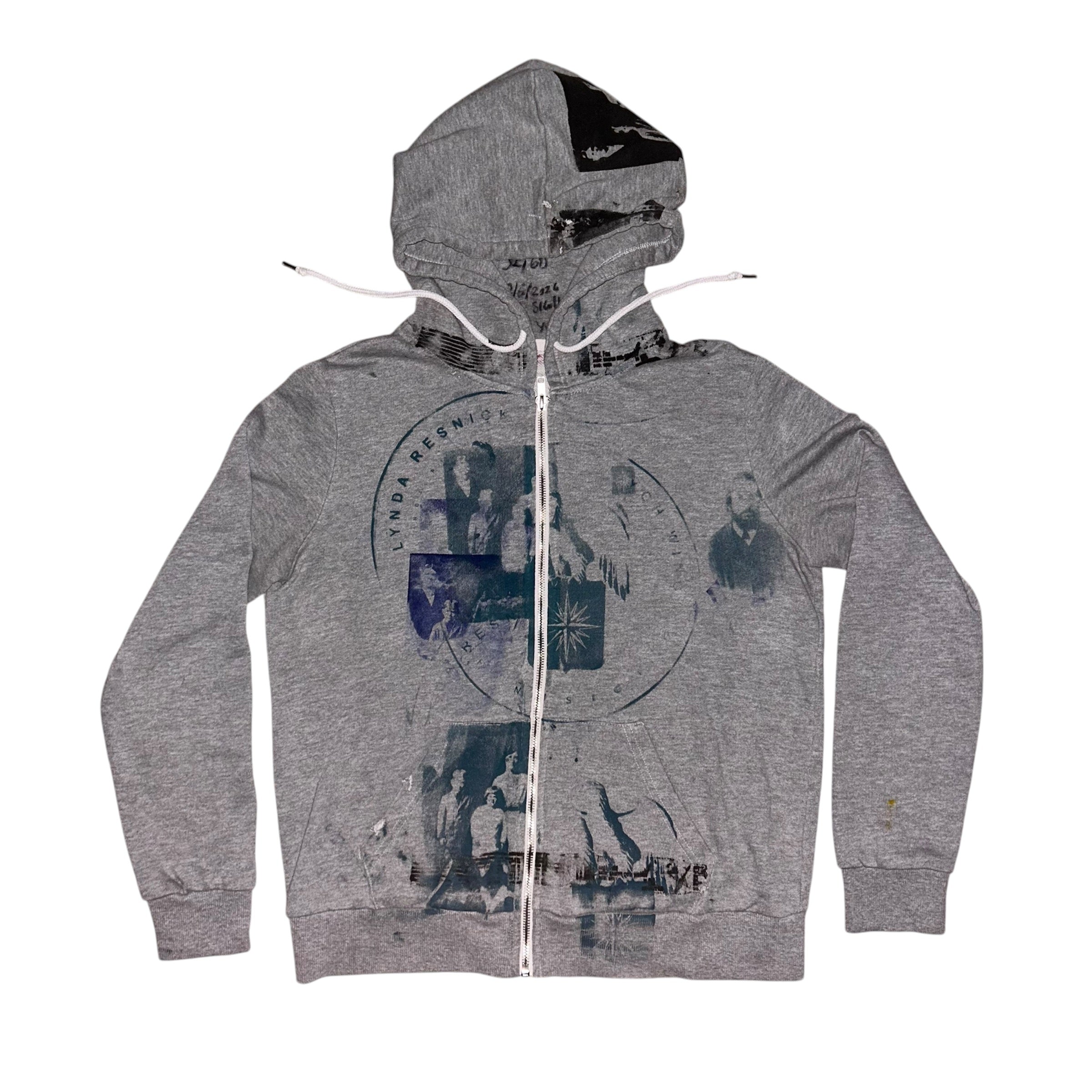 mens: small/ womens: large.  front & back print collage 1of1 zip hoodie #52/60