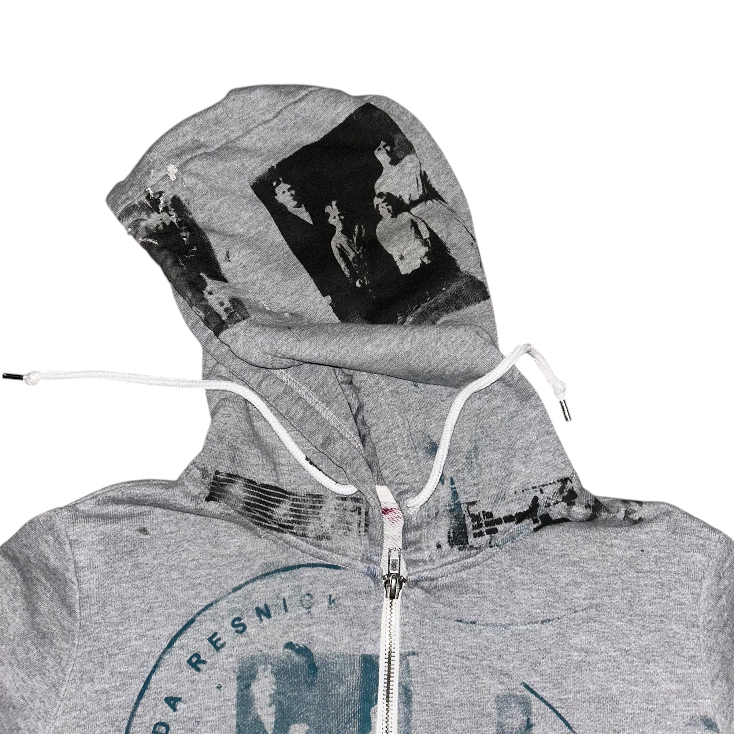 mens: small/ womens: large.  front & back print collage 1of1 zip hoodie #52/60