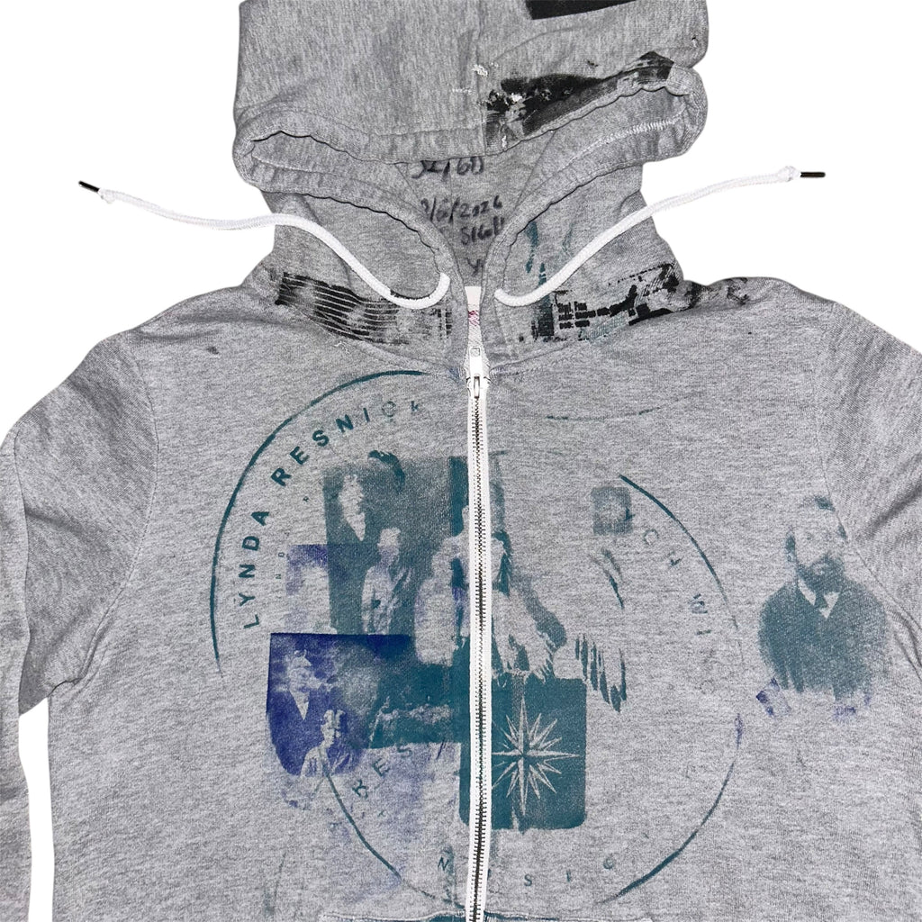 mens: small/ womens: large.  front & back print collage 1of1 zip hoodie #52/60