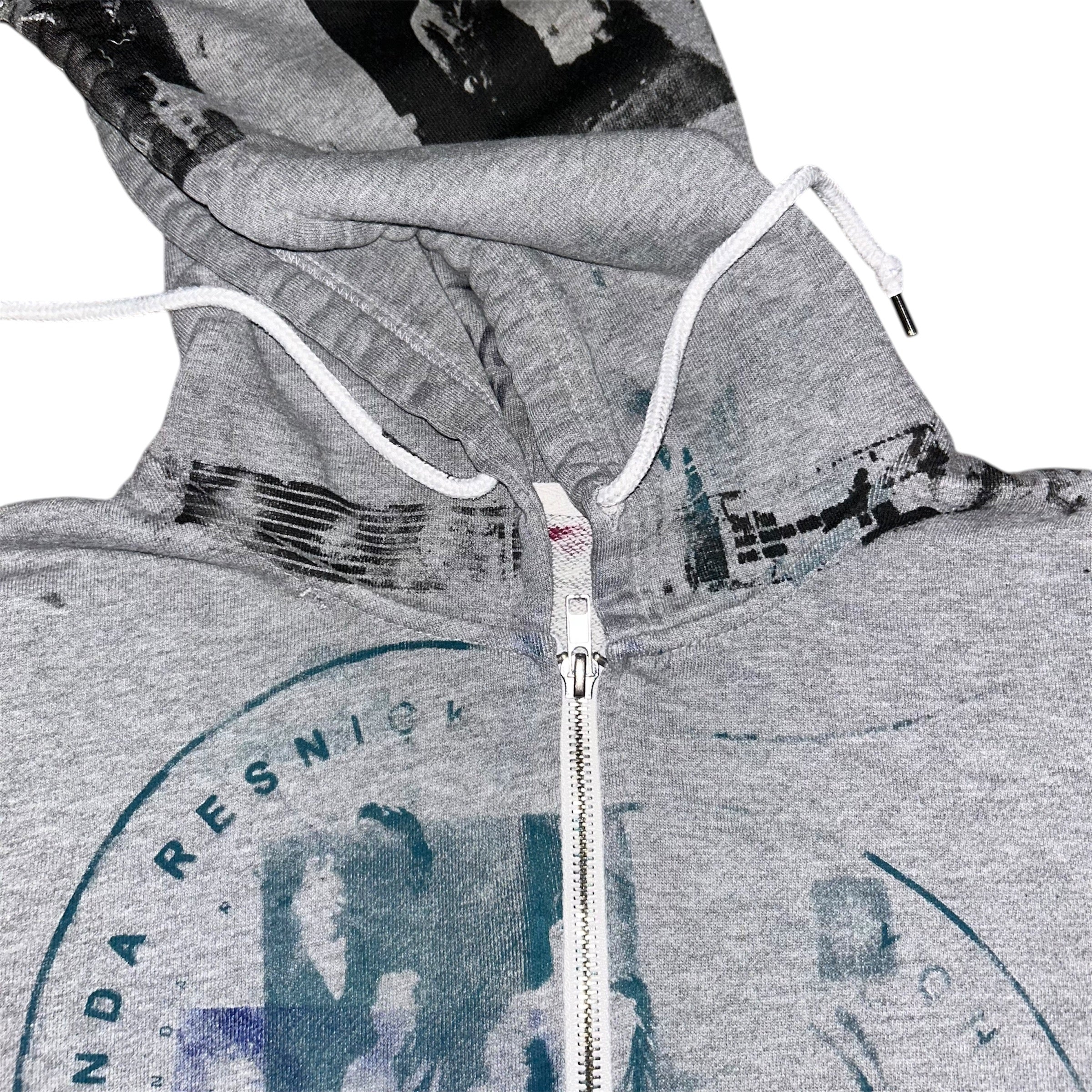 mens: small/ womens: large.  front & back print collage 1of1 zip hoodie #52/60