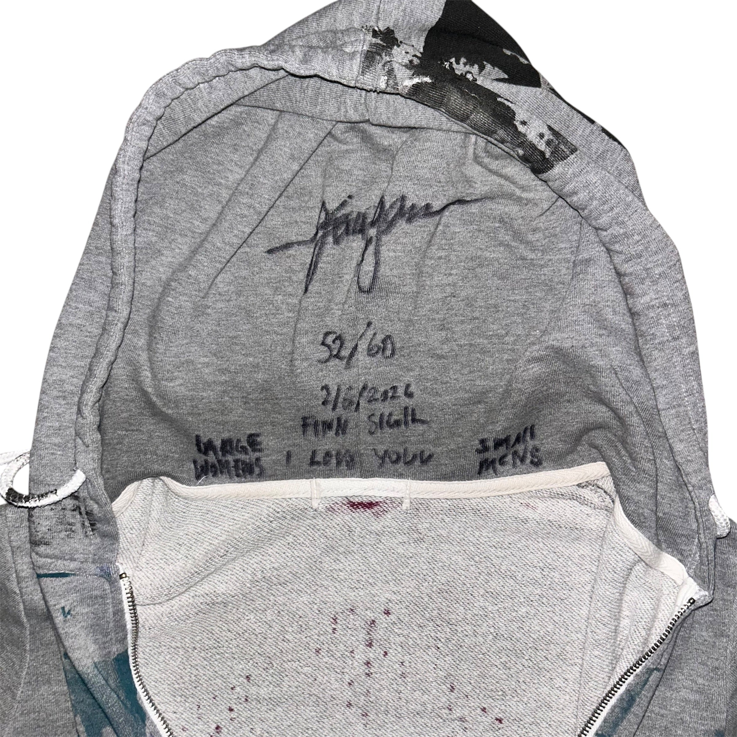 mens: small/ womens: large.  front & back print collage 1of1 zip hoodie #52/60