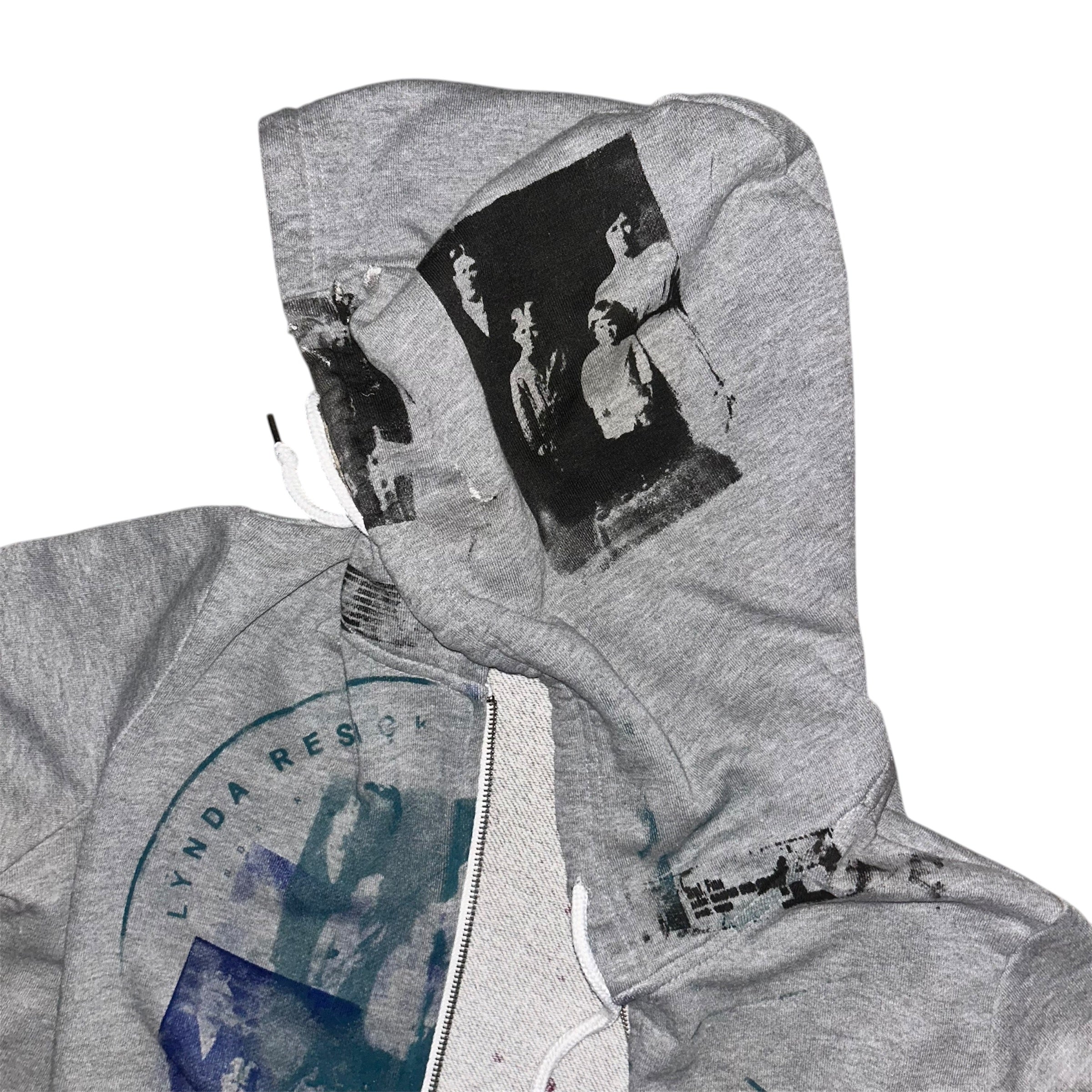 mens: small/ womens: large.  front & back print collage 1of1 zip hoodie #52/60