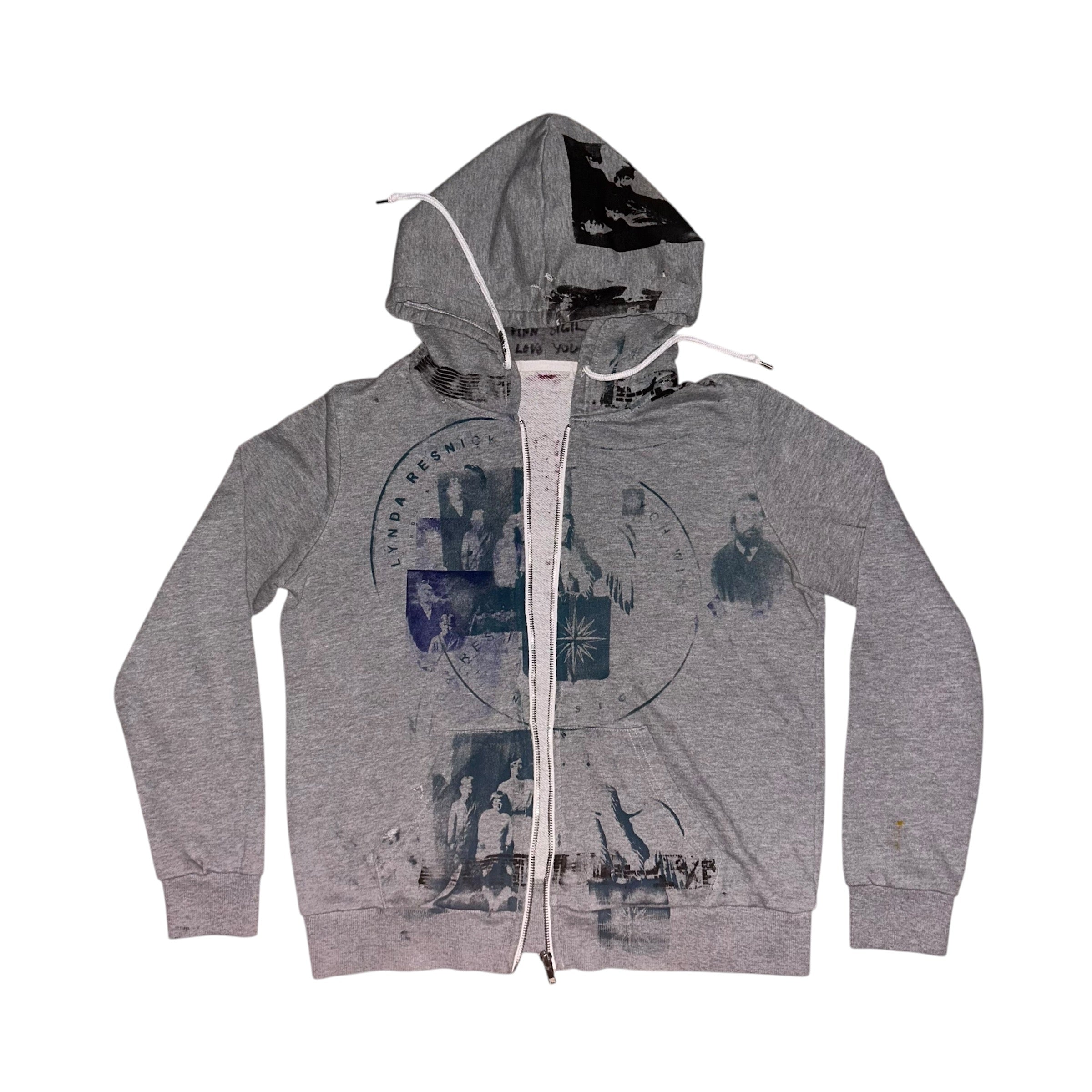 mens: small/ womens: large.  front & back print collage 1of1 zip hoodie #52/60