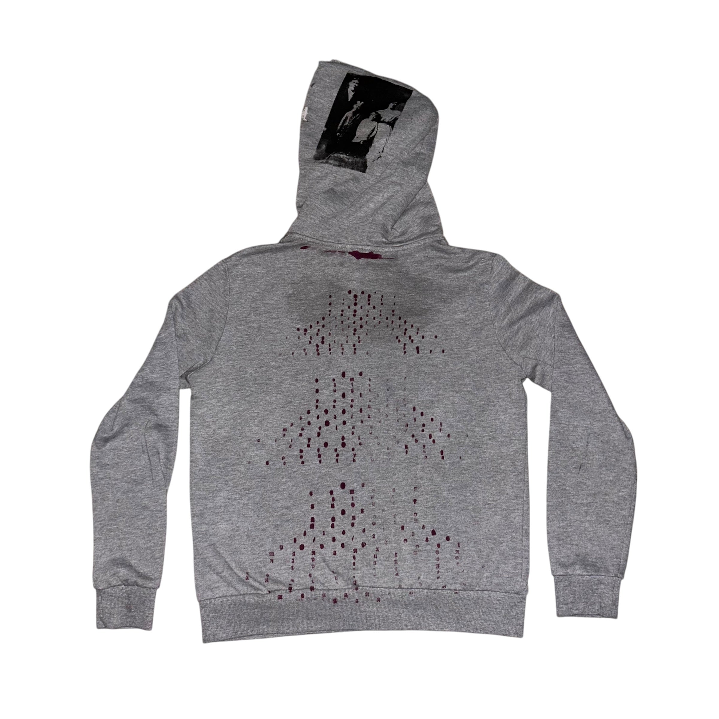 mens: small/ womens: large.  front & back print collage 1of1 zip hoodie #52/60